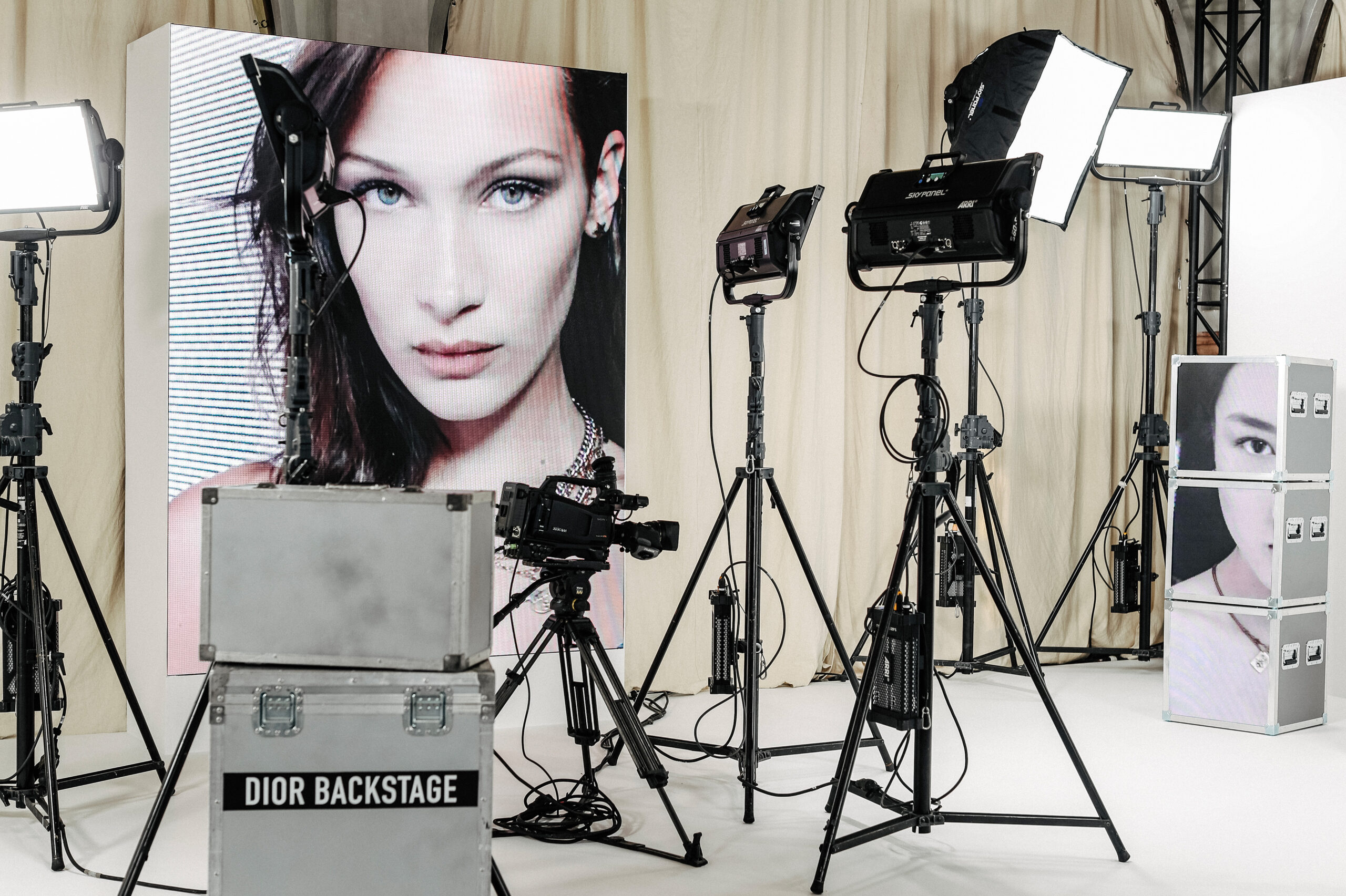 Bella Hadid for Dior Backstage Ambassador with photoshoot cameras by Golden Mama for Diro beauty Makeup 