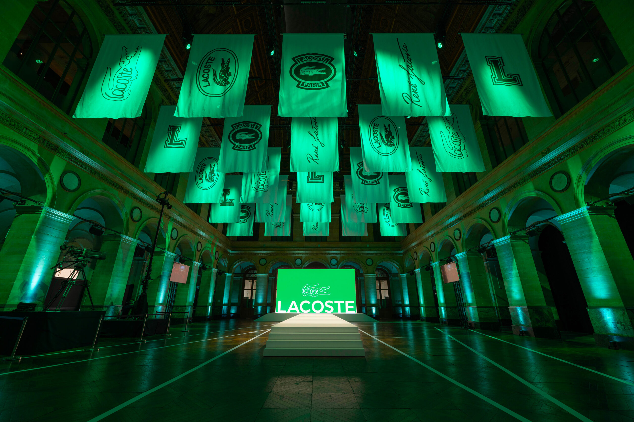 Lacoste SS24 Fashion Show, Party, and digital event in Paris with scenography and empty concept set design by Golden Mama