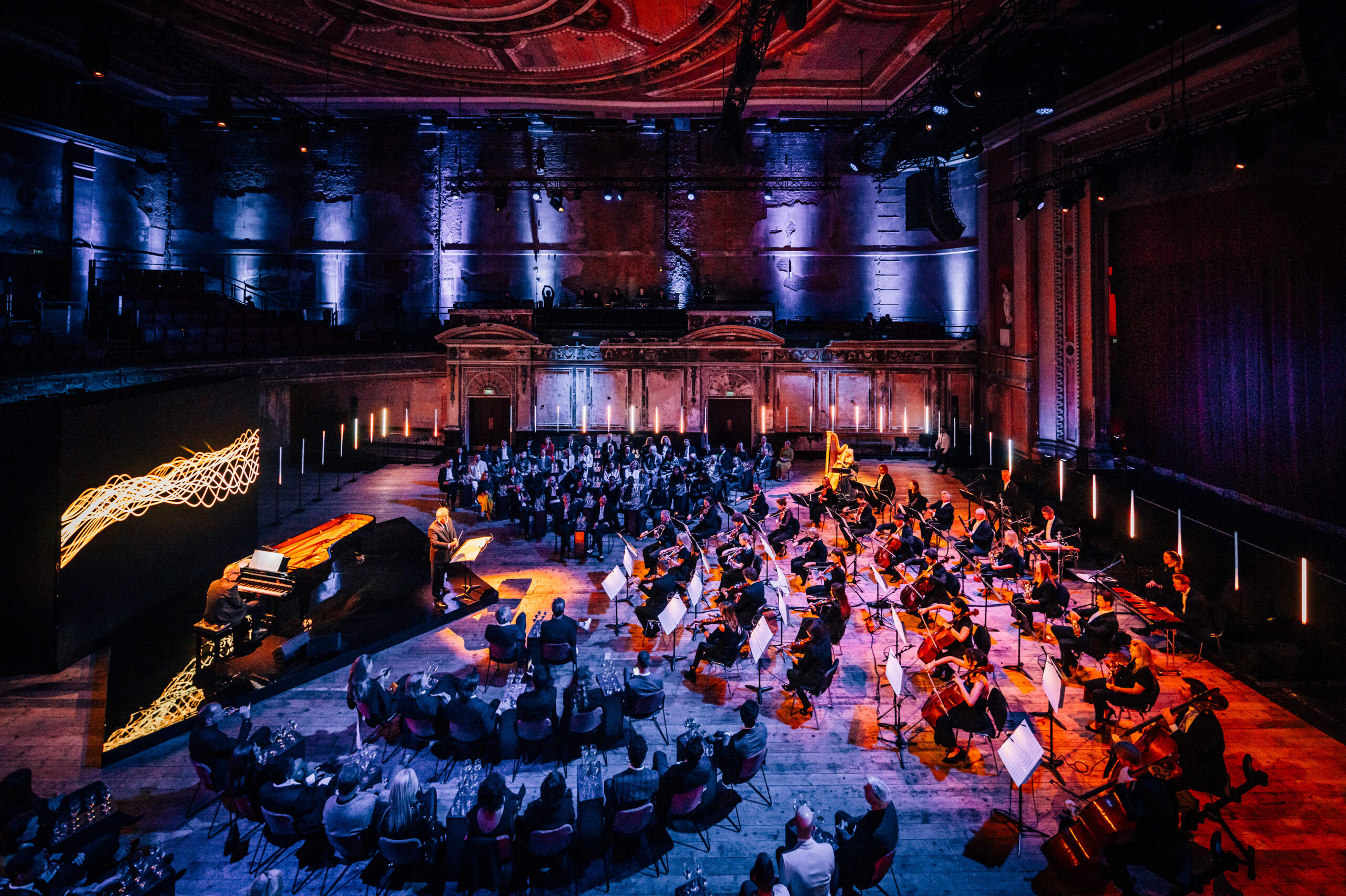 Krug x Ryuichi Sakamoto empty scenography with screen display for luxury event music dinner experience produced by Golden Mama