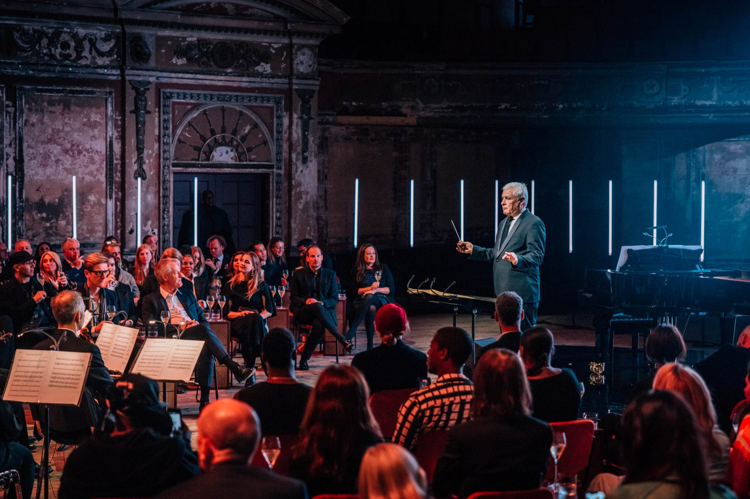 Orchestra playing Ryuichi Sakamot composition for Krug Champagne during experiential luxury musical dinner by Golden Mama