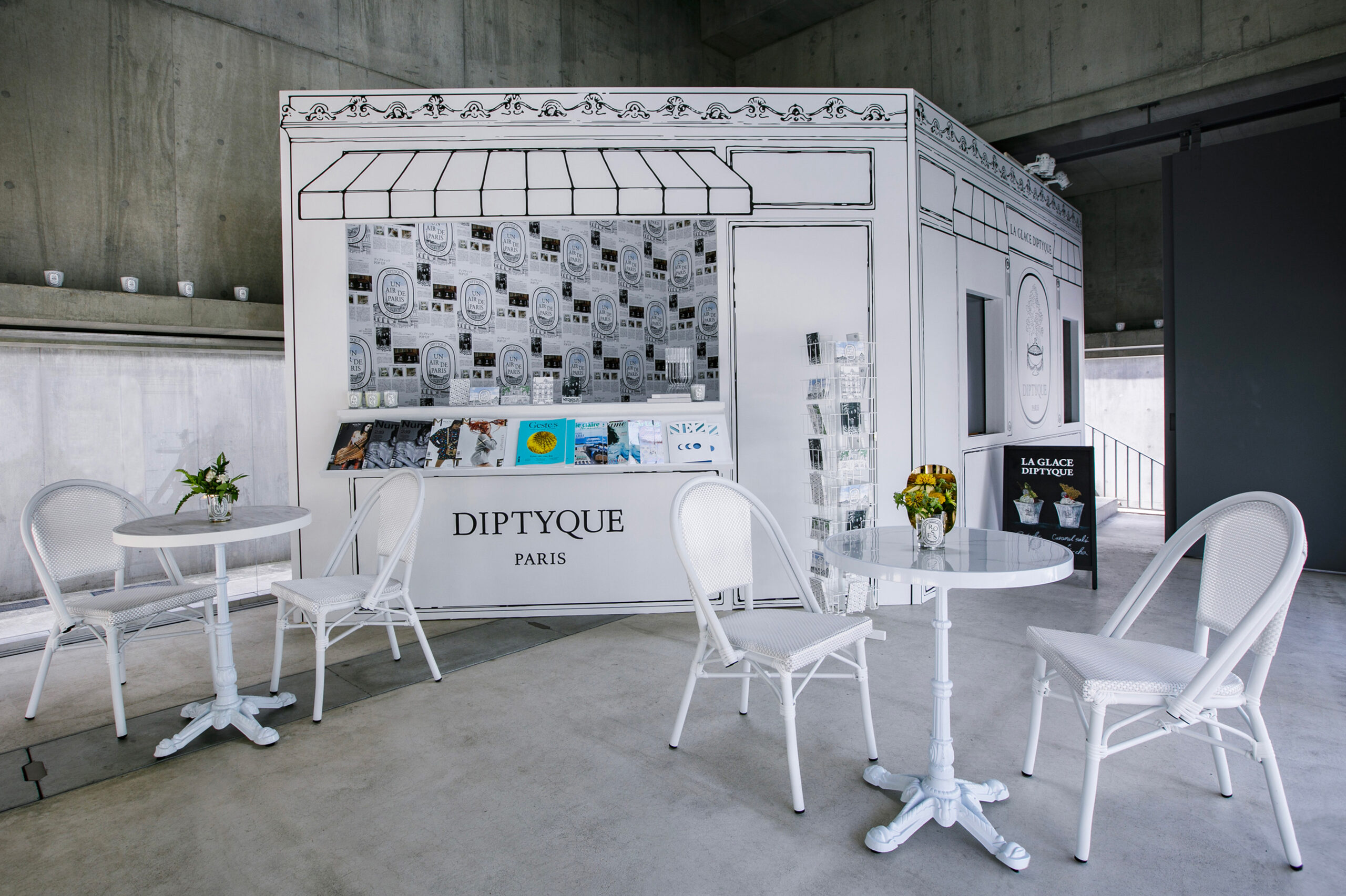 Exterior scenography design of the pop-up frontage for Diptyque Un Air de Paris installation concept in Tokyo by Golden Mama