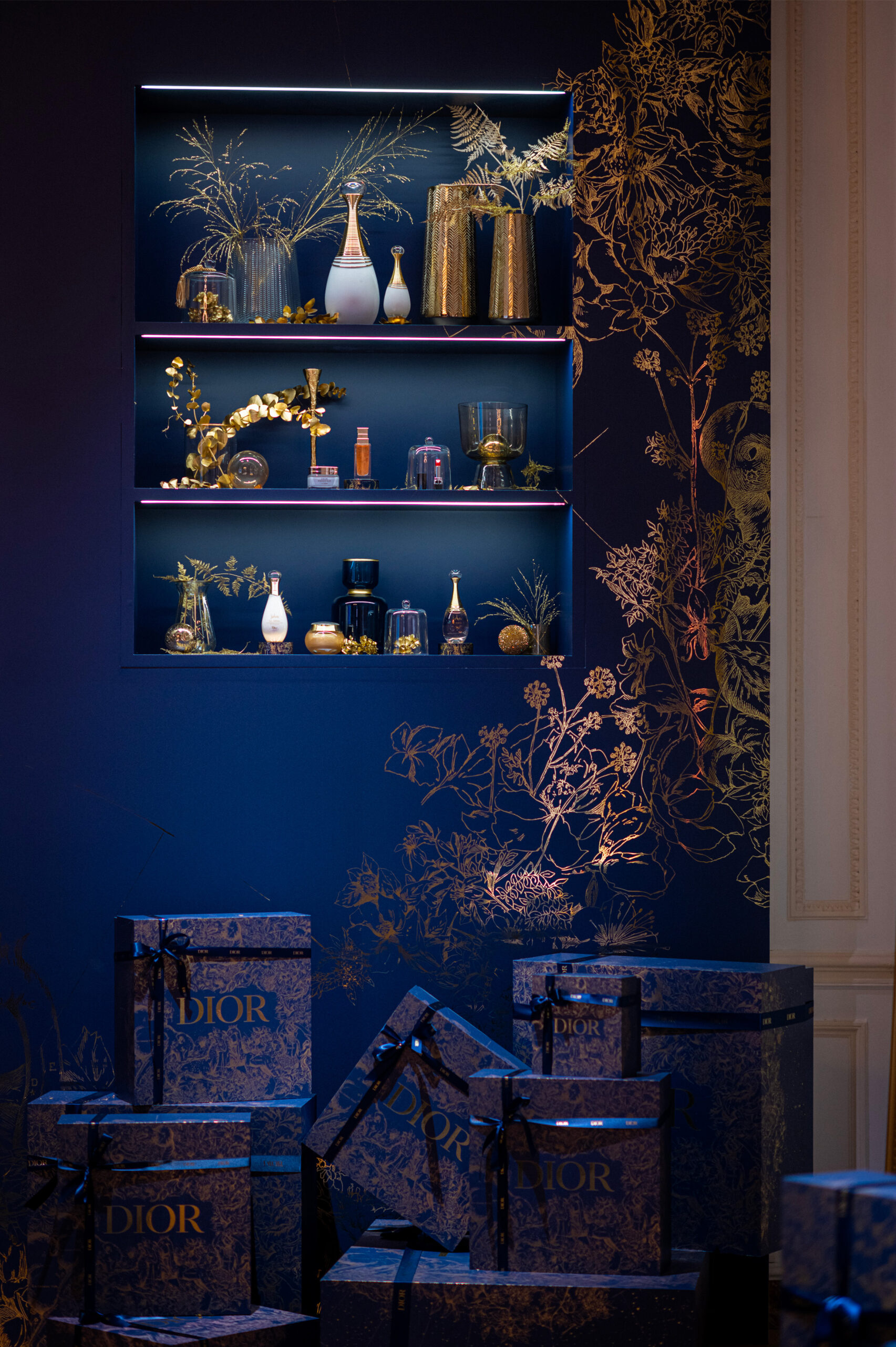 Fragrances display at L'Atelier des Rêves Dior in Paris, designed by Golden Mama.