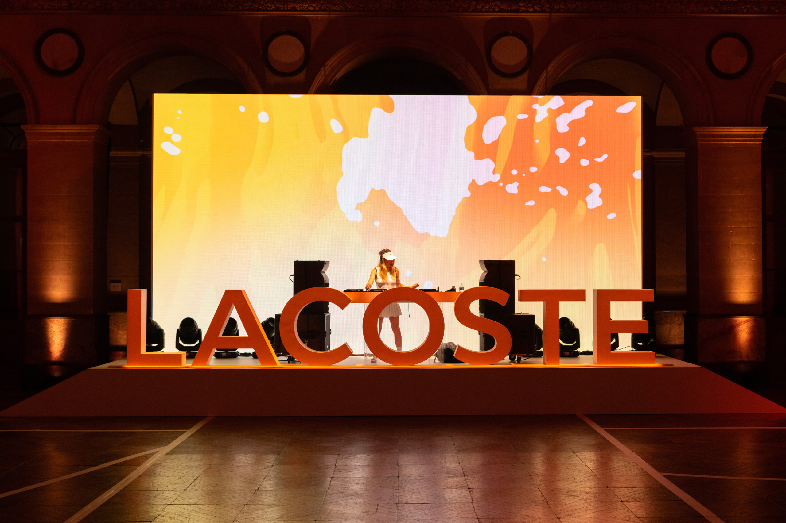 Lacoste SS24 Paris Fashion Show Dj Set installation and production with 3D animated screen by Golden Mama