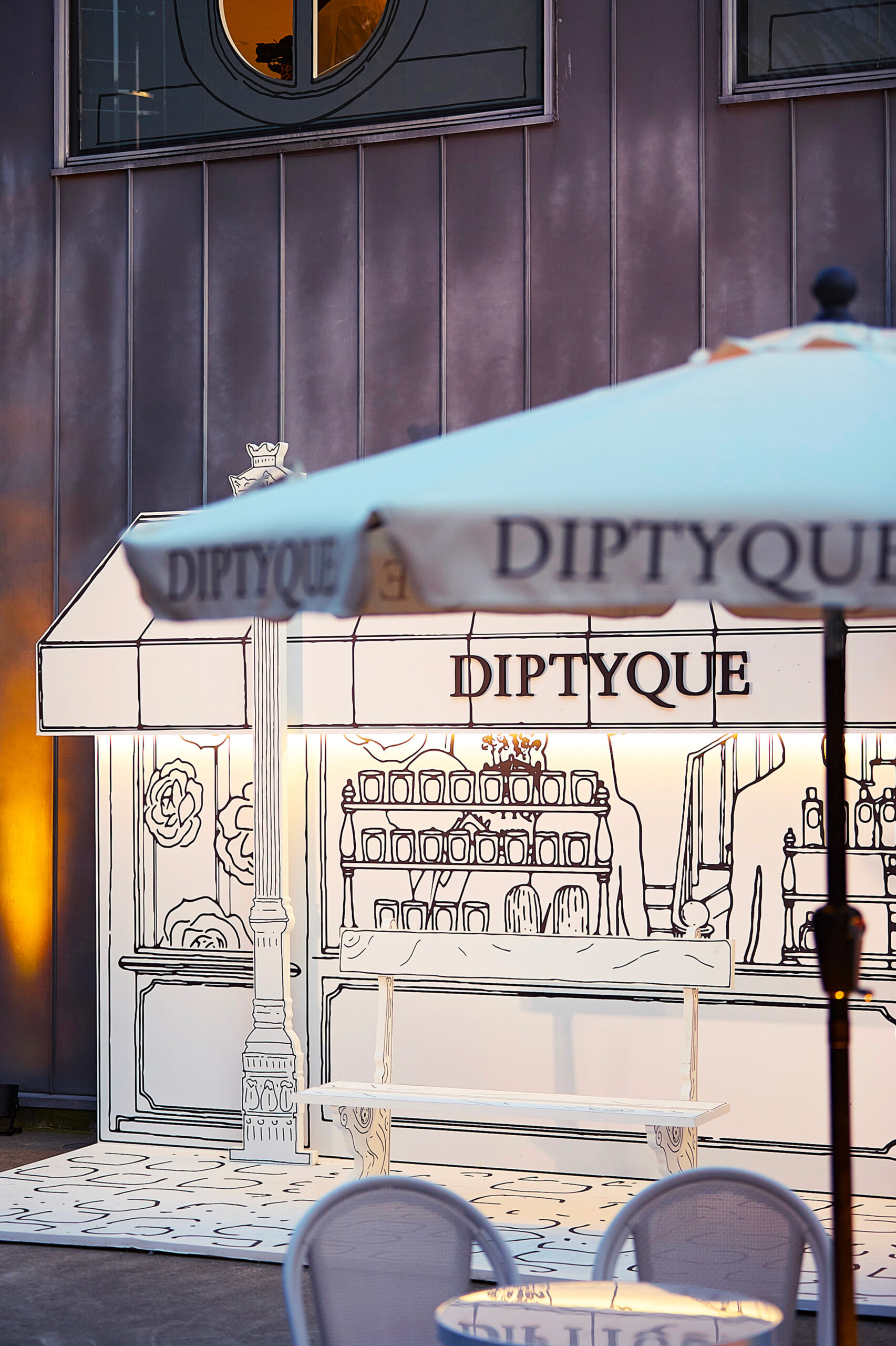 Outside ice cream kiosk for Diptyque Un Air de Paris in Tokyo by Golden Mama